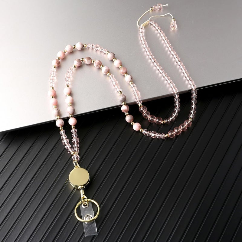 AIDSOTOU Lanyards for ID Badges and Keys,Natural Stone Beaded Teacher Lanyard for Women,Retractable Lanyard with ID Holder Cute Lanyards for Teachers（Pink） - Image 4